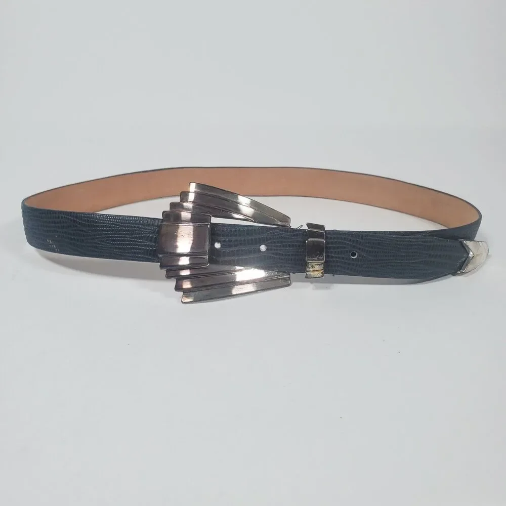 Vintage The Ritz Women's Blue Croc Embossed Leather Belt Art Deco Silver Buckle